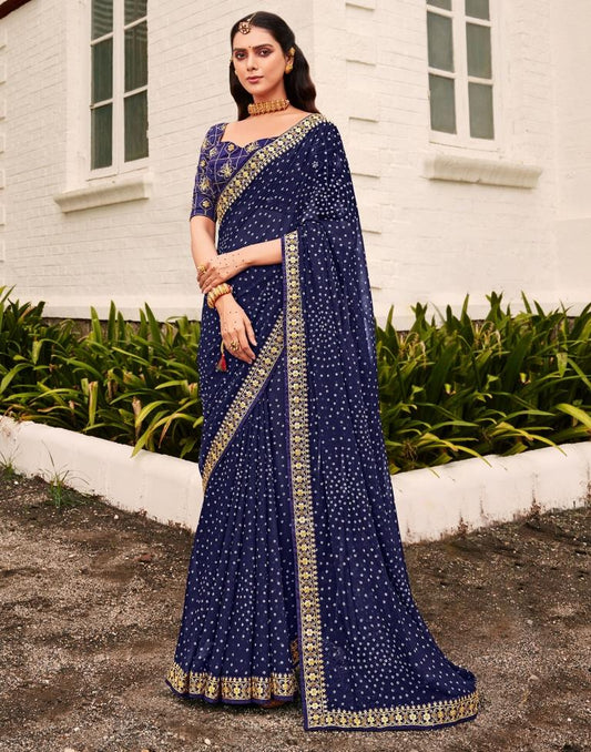Navy Blue Bandhani Georgette Printed Saree | Leemboodi