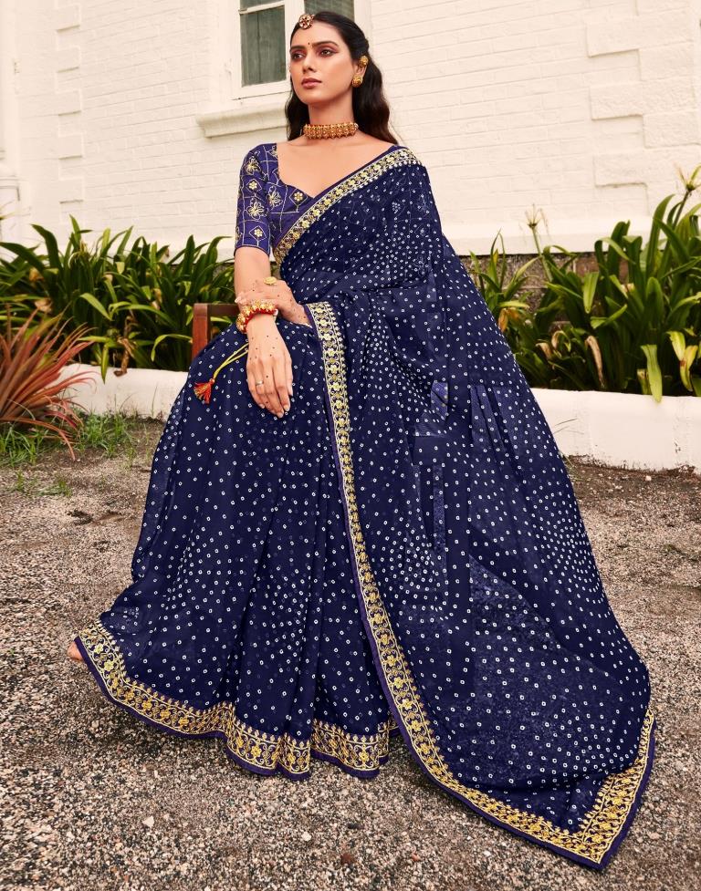 Navy Blue Bandhani Georgette Printed Saree | Leemboodi