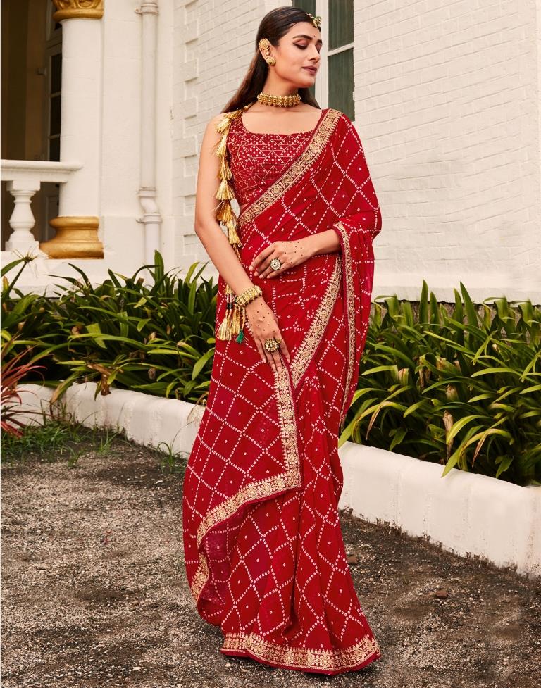 Red Bandhani Georgette Printed Saree | Leemboodi