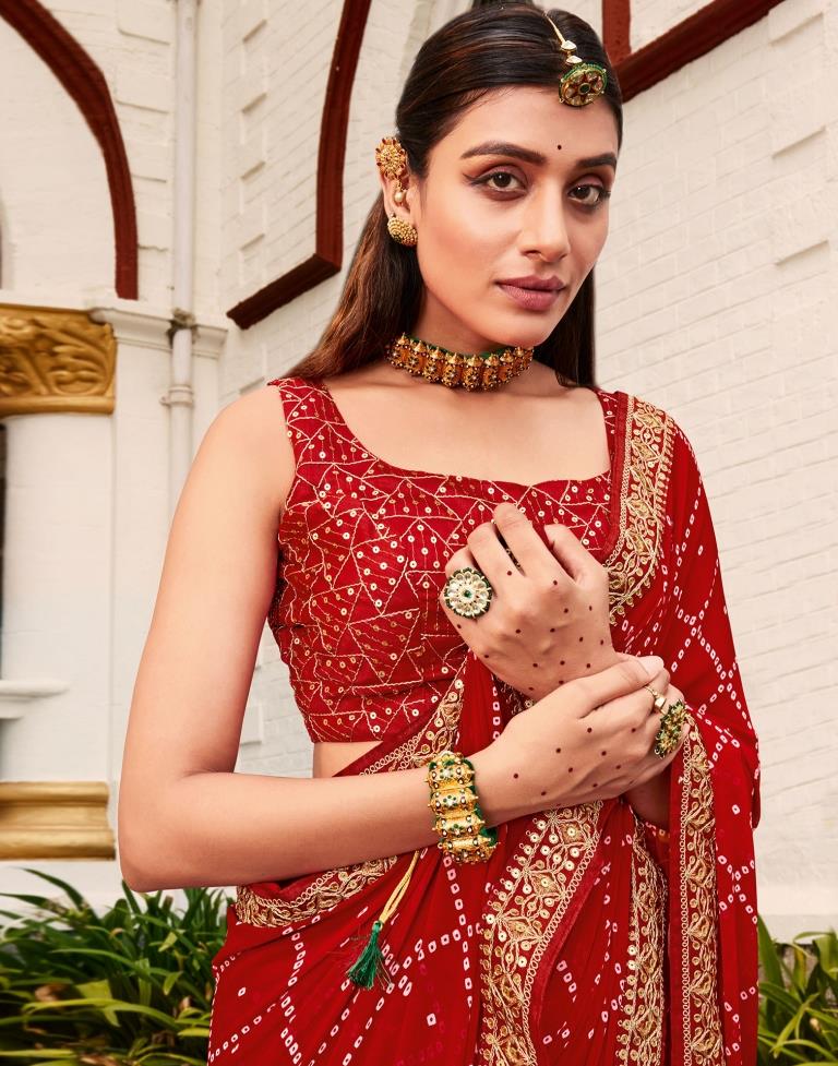 Red Bandhani Georgette Printed Saree | Leemboodi