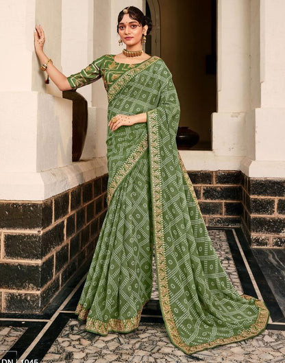 Olive Green Bandhani Georgette Printed Saree | Leemboodi