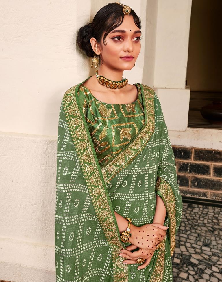 Olive Green Bandhani Georgette Printed Saree | Leemboodi
