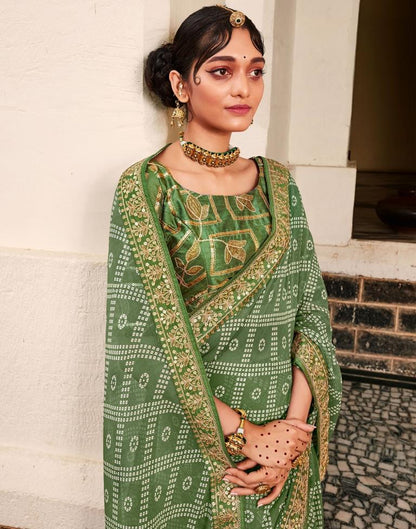 Olive Green Bandhani Georgette Printed Saree | Leemboodi