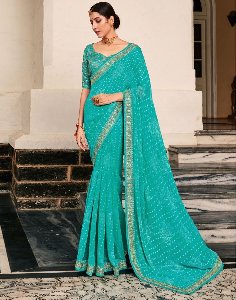 Turquoise Bandhani Georgette Printed Saree | Leemboodi