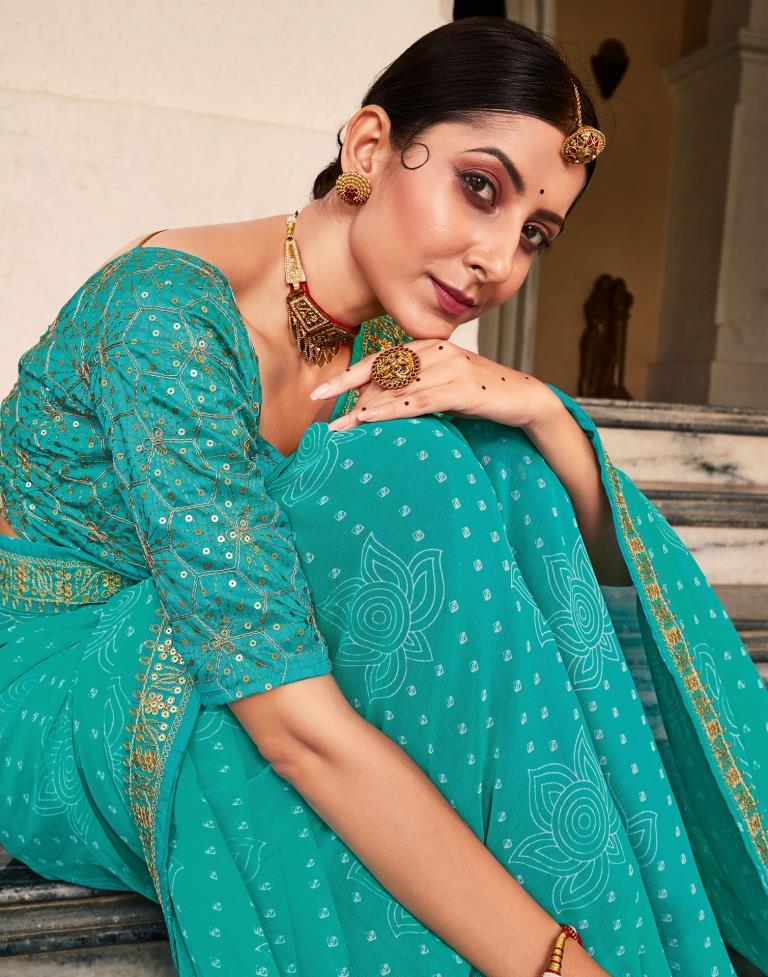 Turquoise Bandhani Georgette Printed Saree | Leemboodi