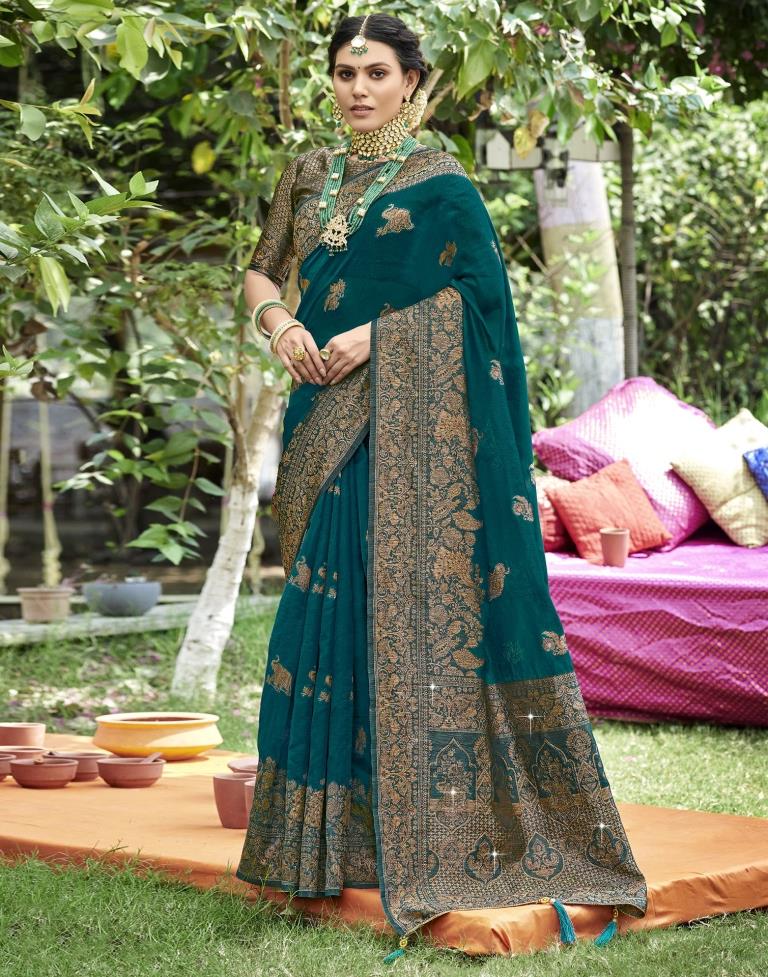 Teal Green Banarasi Silk Weaving Saree | Leemboodi