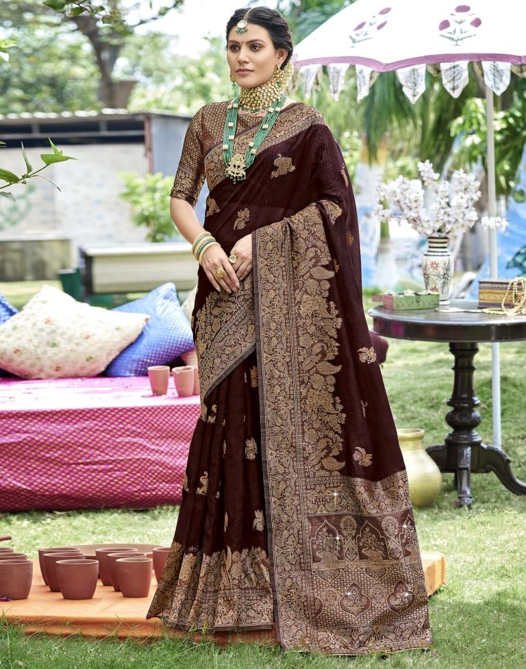 Brown Banarasi Silk Weaving Saree | Leemboodi