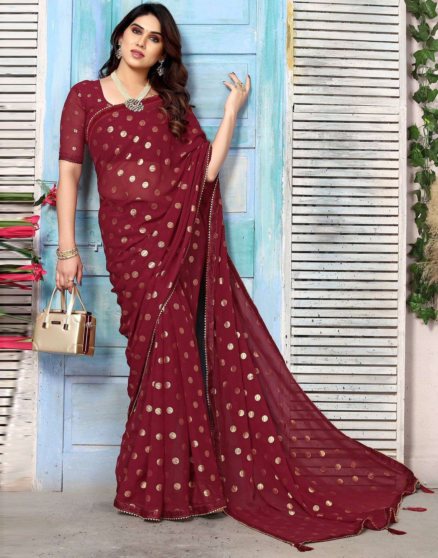 Maroon Georgette Printed Saree