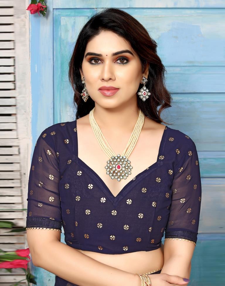 Navy Blue Georgette Printed Saree