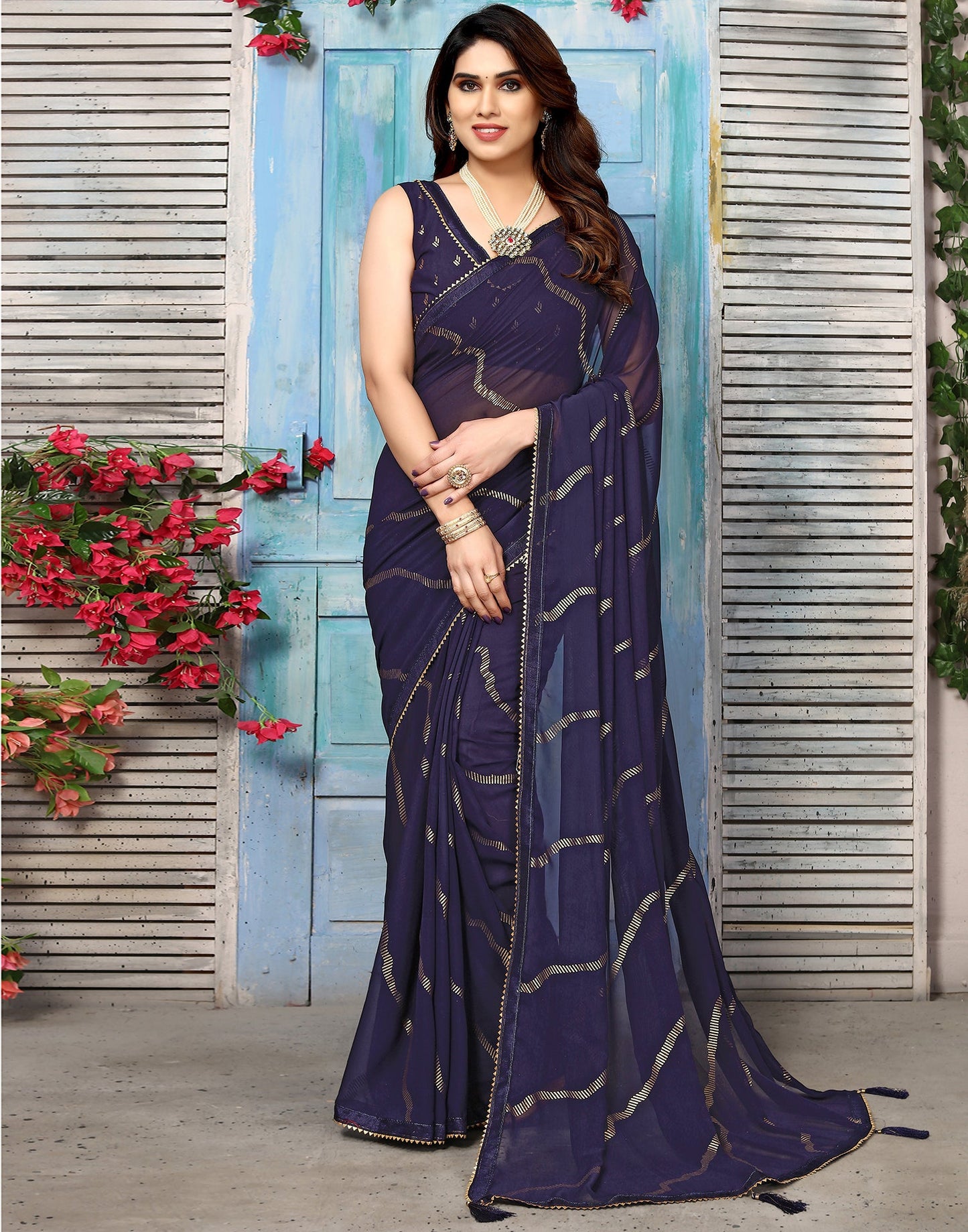 Navy Blue Georgette Printed Saree