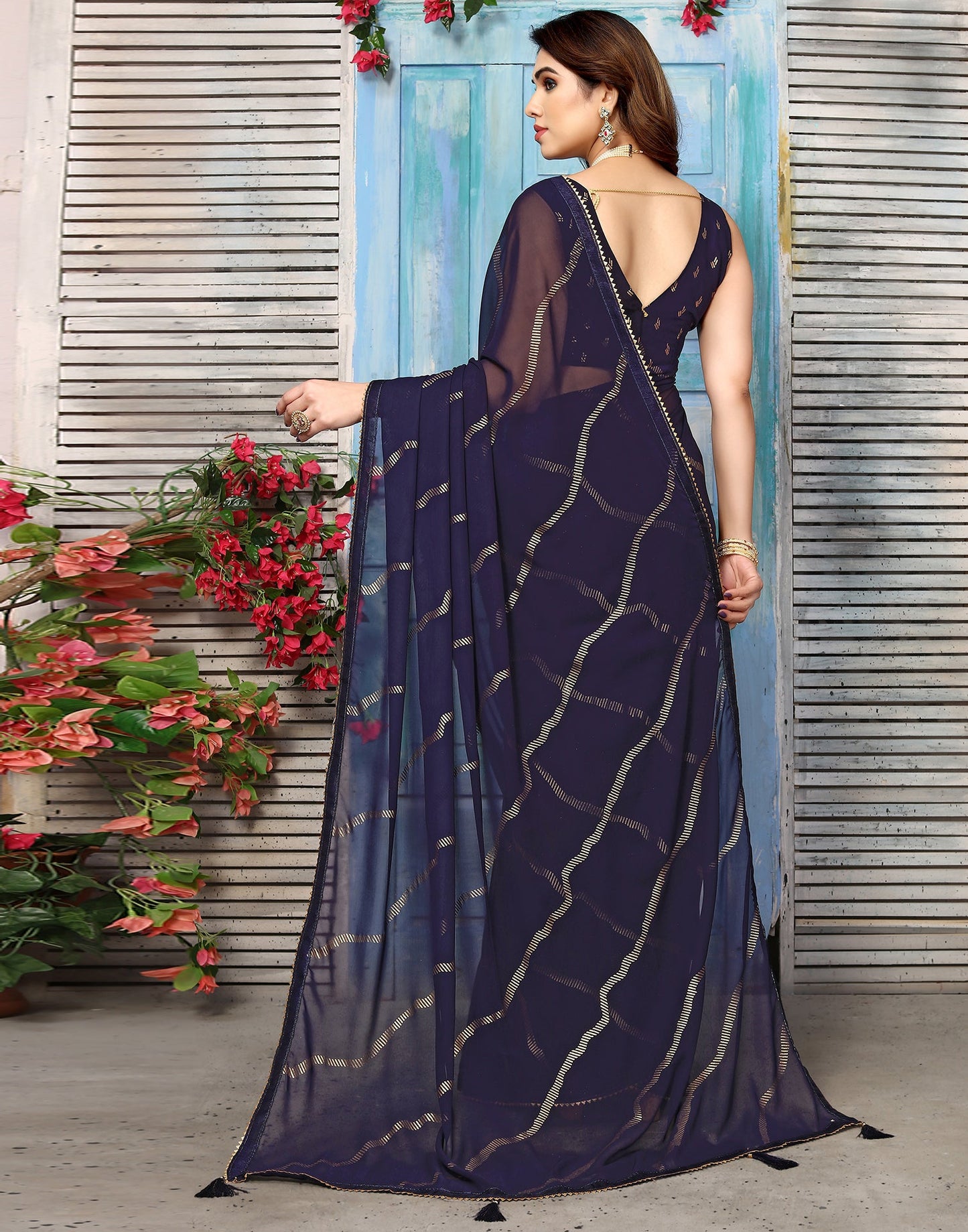 Navy Blue Georgette Printed Saree