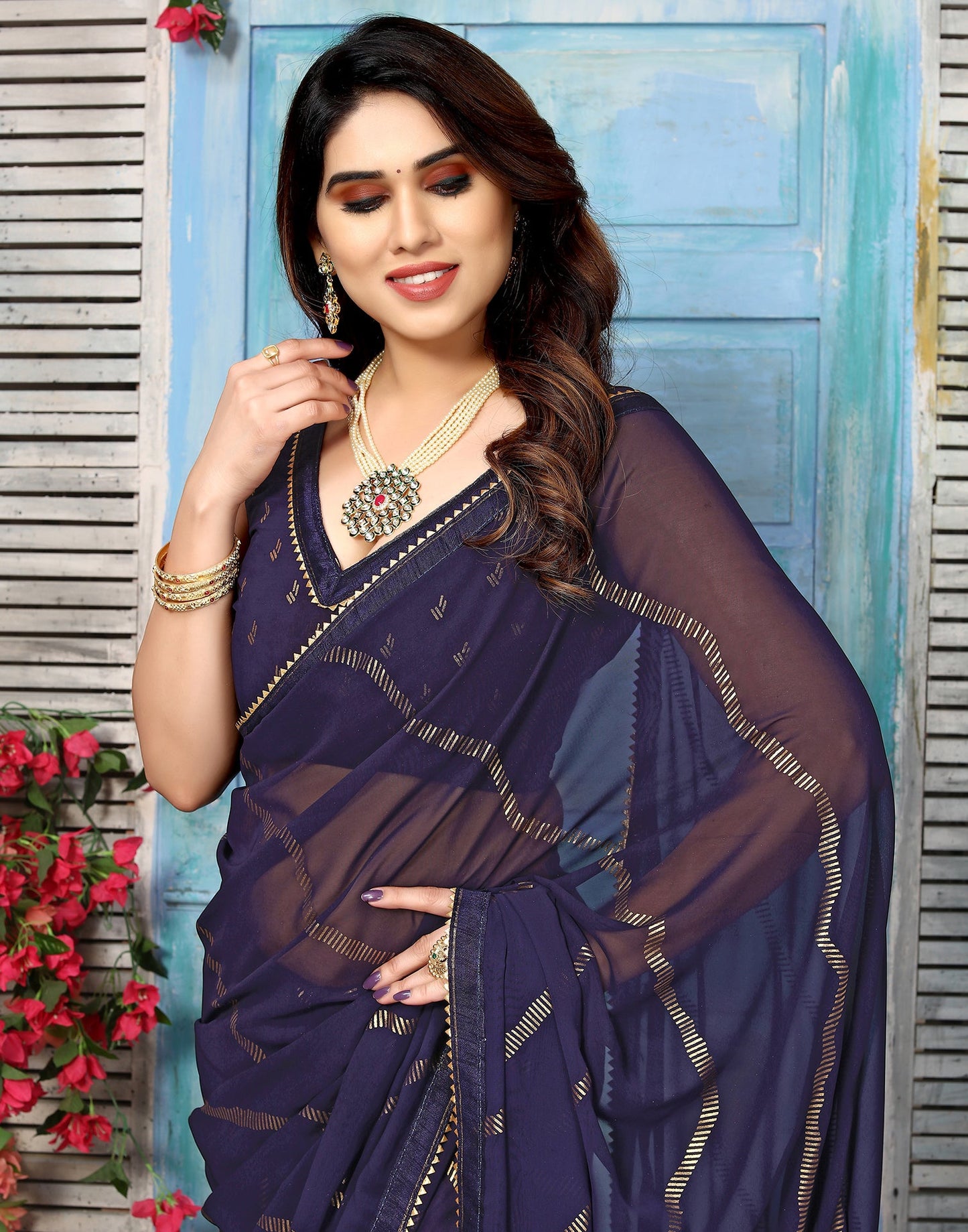 Navy Blue Georgette Printed Saree