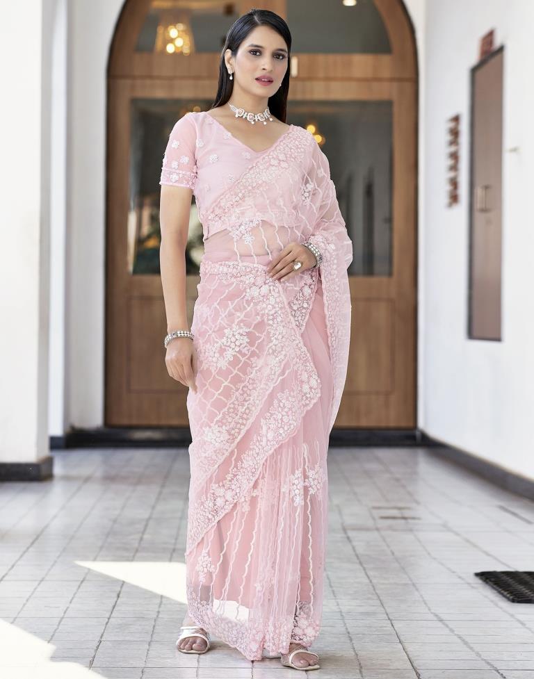 Rose Pink Plain Net Saree