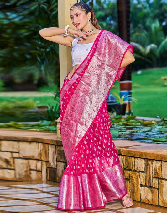 Dark Pink Organza Printed Banarasi Saree | Sudathi