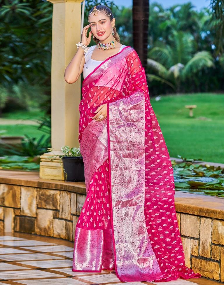 Dark Pink Organza Printed Banarasi Saree | Sudathi