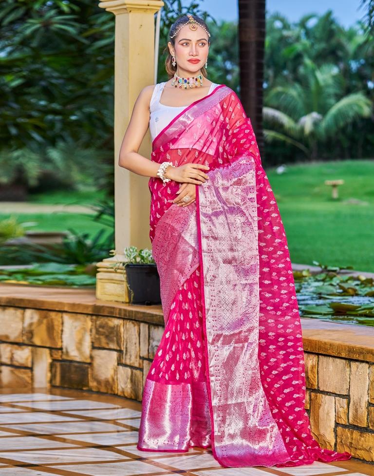 Dark Pink Organza Printed Banarasi Saree | Sudathi