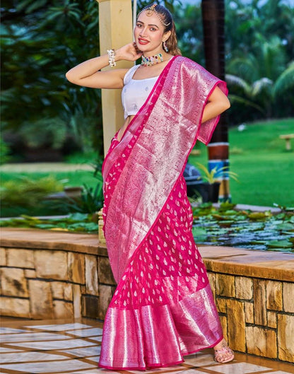 Dark Pink Organza Printed Banarasi Saree | Sudathi