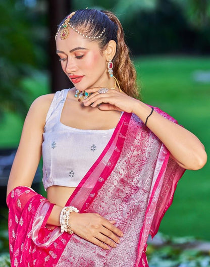 Dark Pink Organza Printed Banarasi Saree | Sudathi