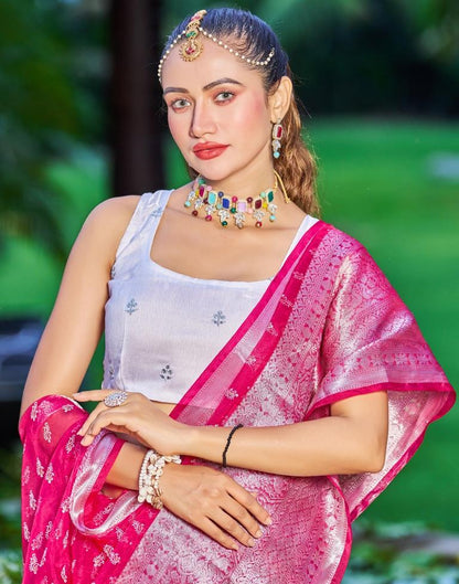 Dark Pink Organza Printed Banarasi Saree | Sudathi