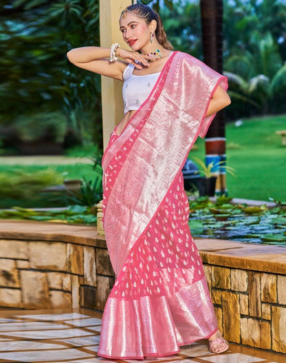 Rose Pink Organza Printed Banarasi Saree | Sudathi