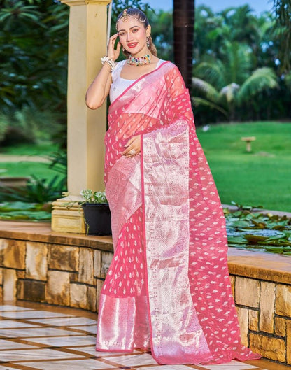 Rose Pink Organza Printed Banarasi Saree | Sudathi