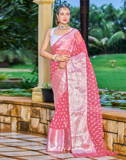 Rose Pink Organza Printed Banarasi Saree | Sudathi