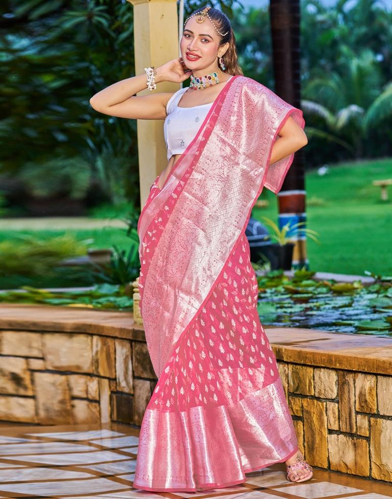 Rose Pink Organza Printed Banarasi Saree | Sudathi