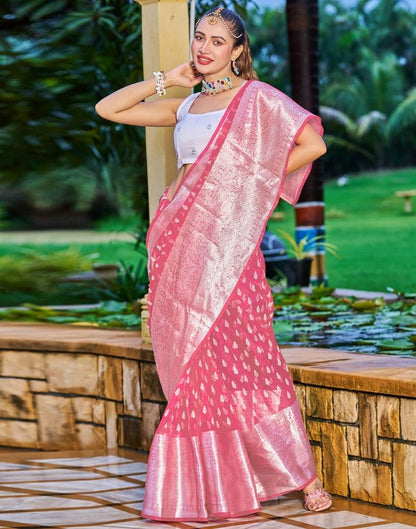 Rose Pink Organza Printed Banarasi Saree | Sudathi
