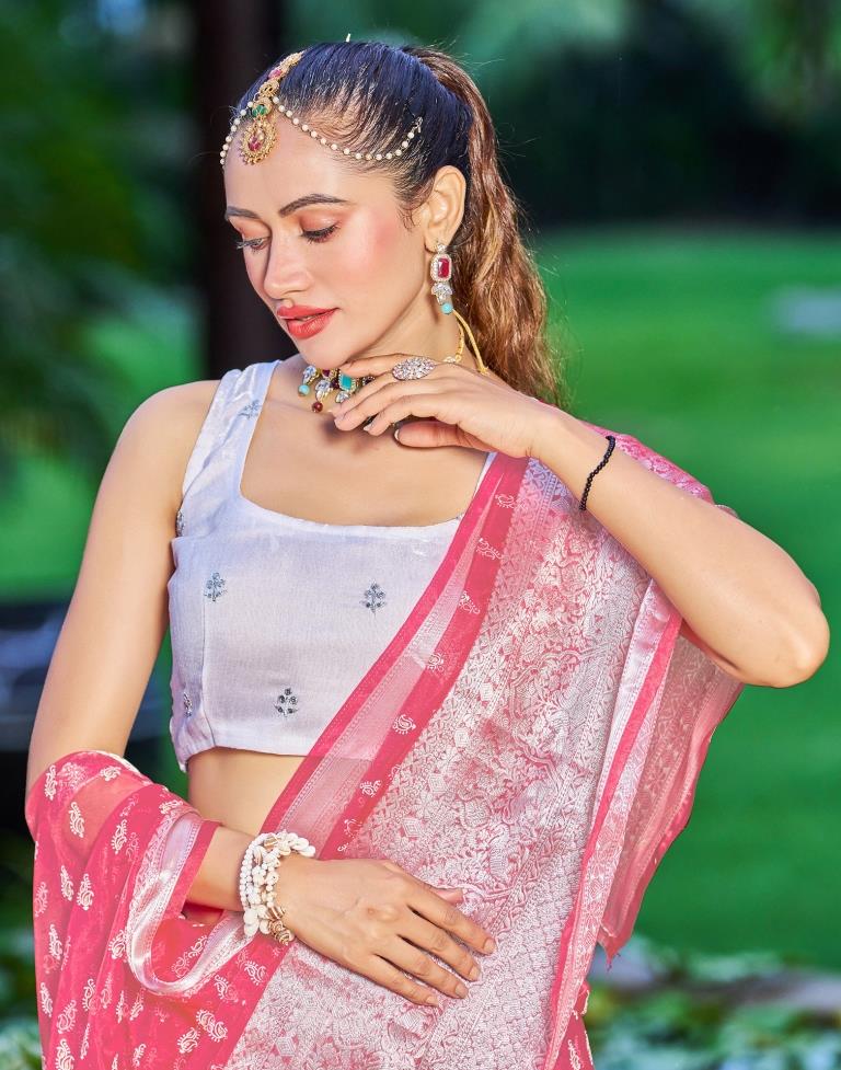 Rose Pink Organza Printed Banarasi Saree | Sudathi