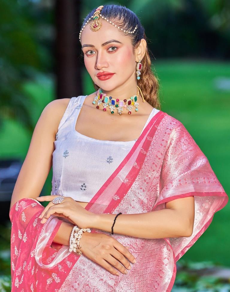 Rose Pink Organza Printed Banarasi Saree | Sudathi