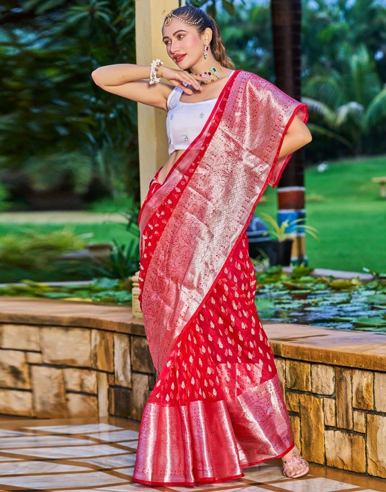Red Organza Printed Banarasi Saree | Sudathi
