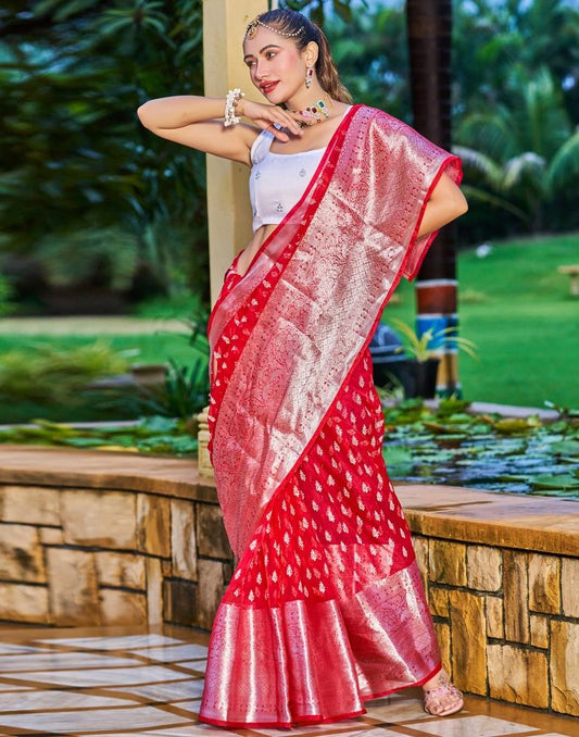 Red Organza Printed Banarasi Saree | Sudathi