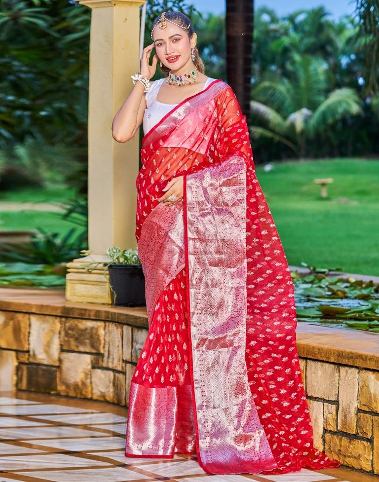Red Organza Printed Banarasi Saree | Sudathi
