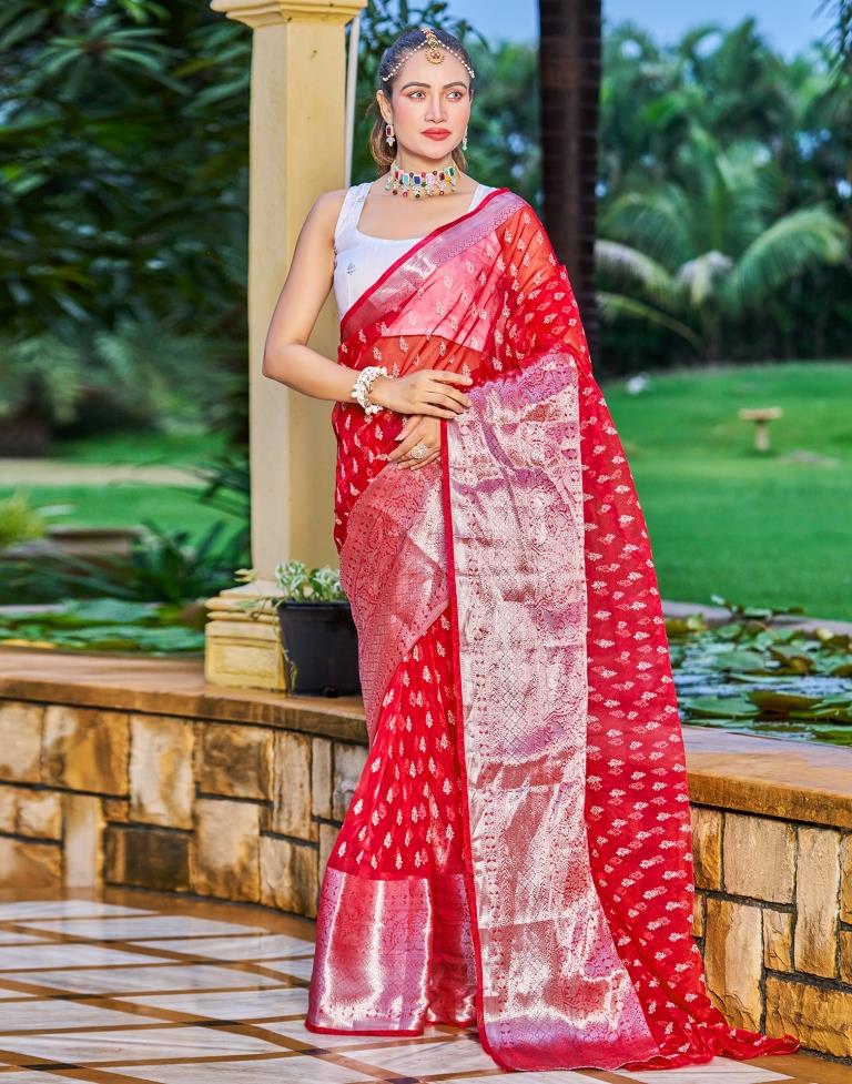 Red Organza Printed Banarasi Saree | Sudathi
