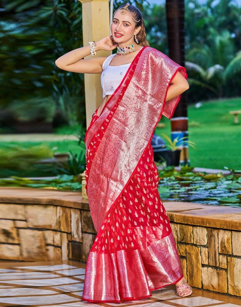 Red Organza Printed Banarasi Saree | Sudathi