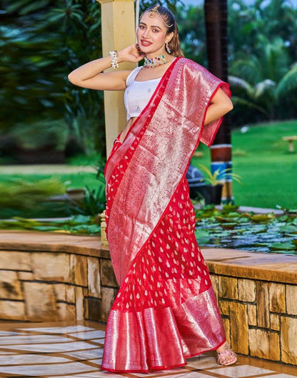 Red Organza Printed Banarasi Saree | Sudathi