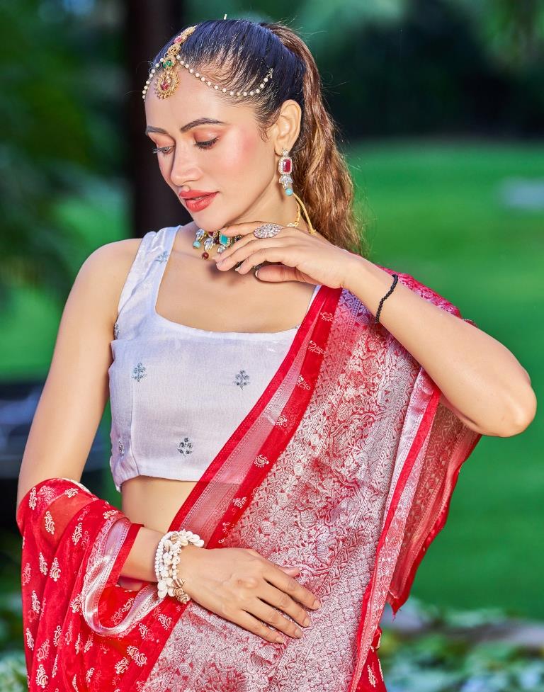 Red Organza Printed Banarasi Saree | Sudathi