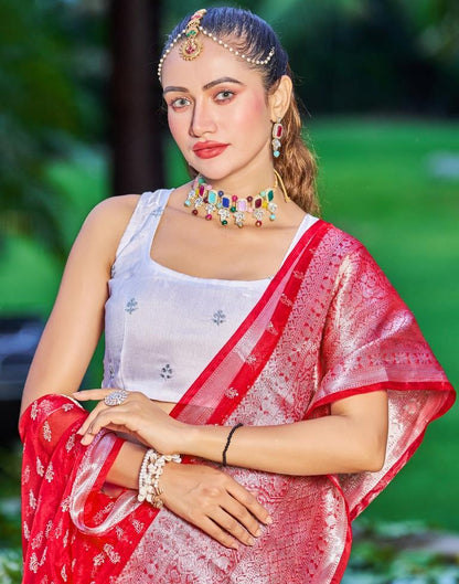 Red Organza Printed Banarasi Saree | Sudathi