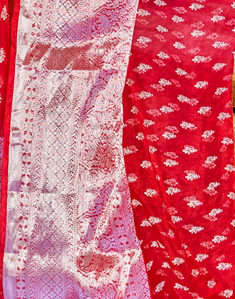 Red Organza Printed Banarasi Saree | Sudathi