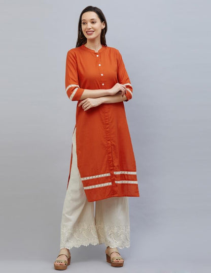 Adorable Orange Coloured Laced Cotton Kurti | Leemboodi