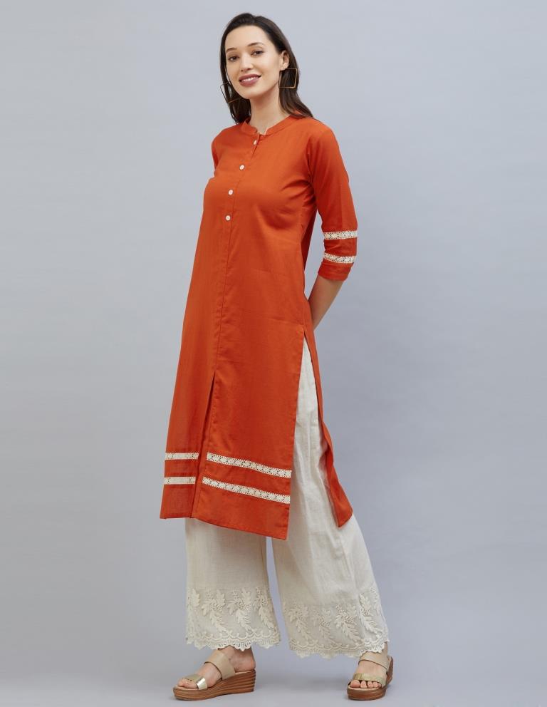 Adorable Orange Coloured Laced Cotton Kurti | Leemboodi