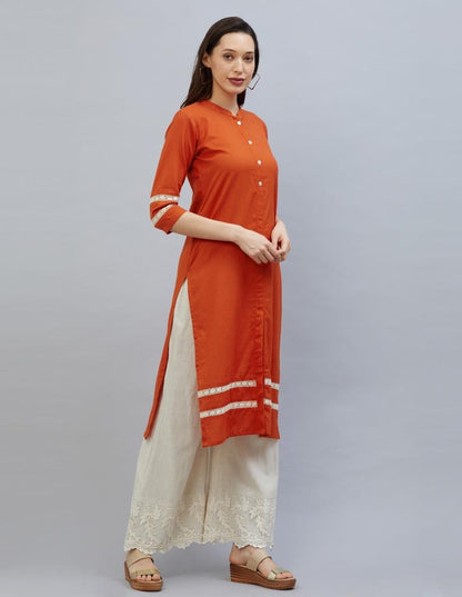 Adorable Orange Coloured Laced Cotton Kurti | Leemboodi