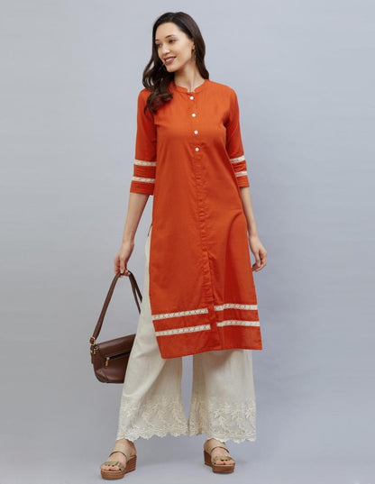 Adorable Orange Coloured Laced Cotton Kurti | Leemboodi