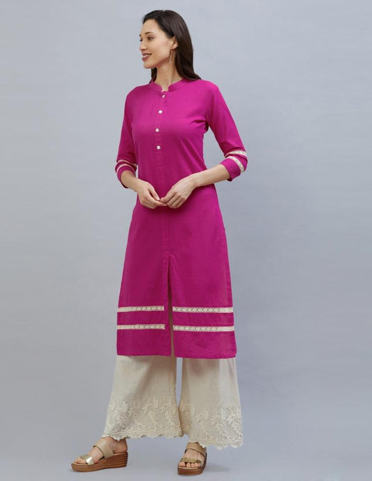 Dashing Dark Pink Coloured Laced Cotton Kurti | Sudathi