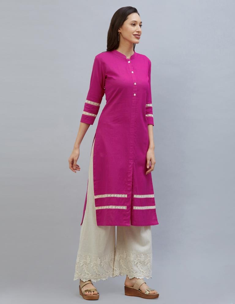 Dashing Dark Pink Coloured Laced Cotton Kurti | Sudathi