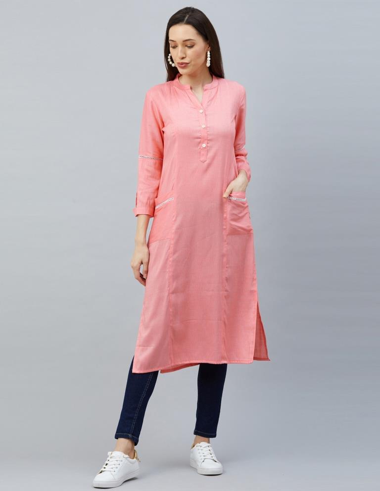 Breezy Light Pink Coloured Laced Cotton Kurti | Sudathi