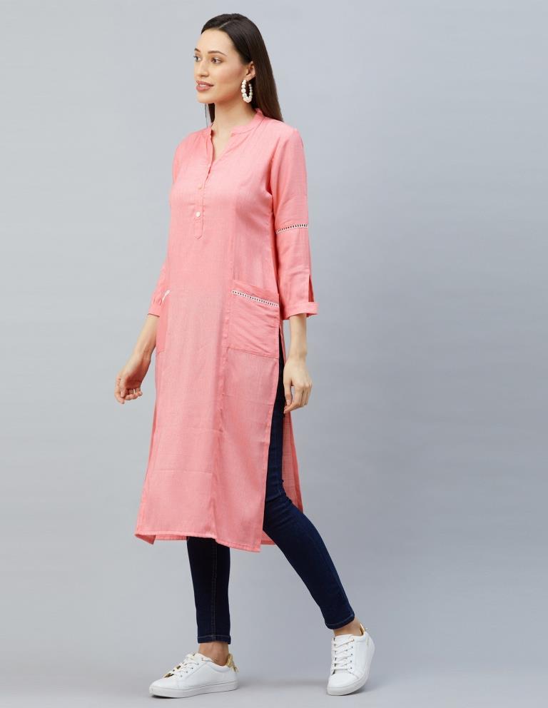Breezy Light Pink Coloured Laced Cotton Kurti | Sudathi