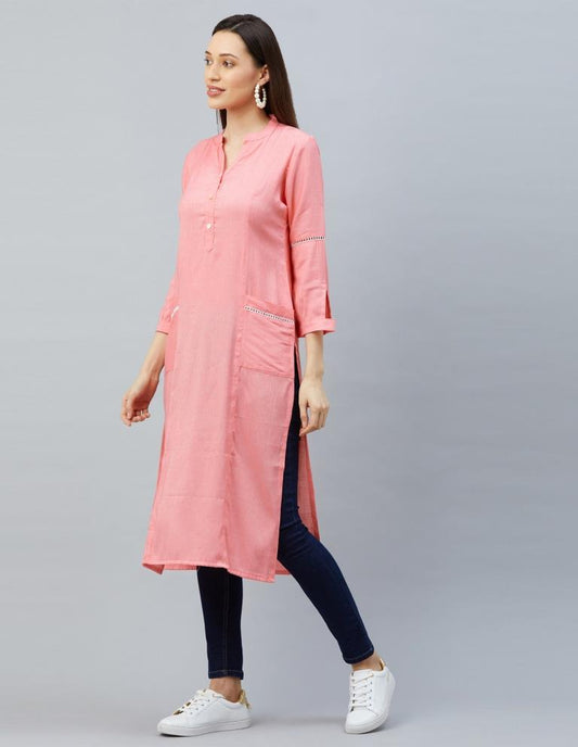 Breezy Light Pink Coloured Laced Cotton Kurti | Sudathi