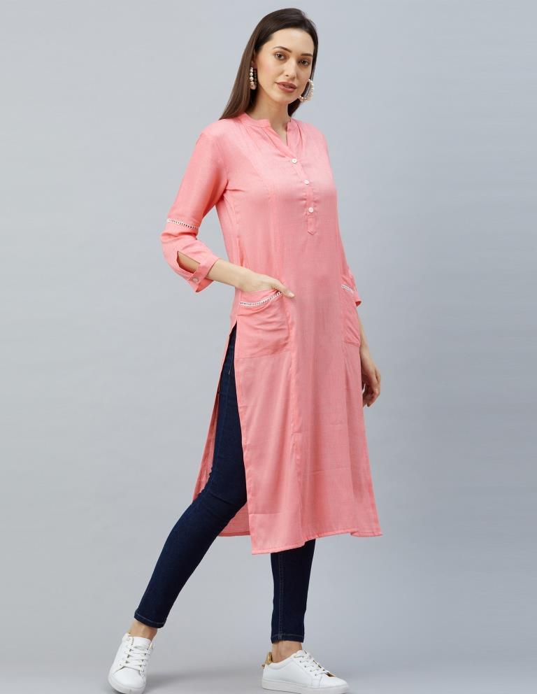 Breezy Light Pink Coloured Laced Cotton Kurti | Sudathi