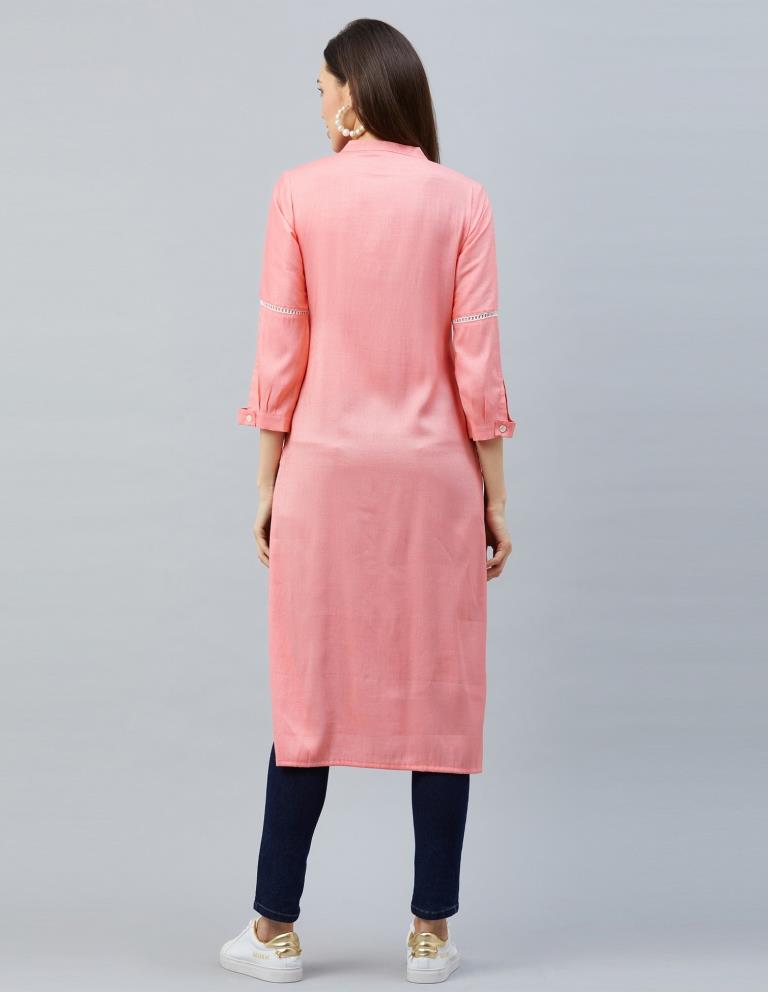 Breezy Light Pink Coloured Laced Cotton Kurti | Sudathi